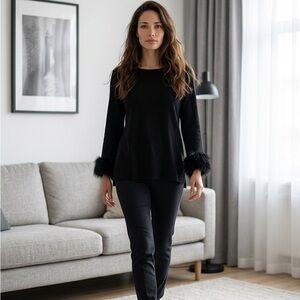 Anne Klein Black Long Sleeve Top with ostrich feather Cuffs